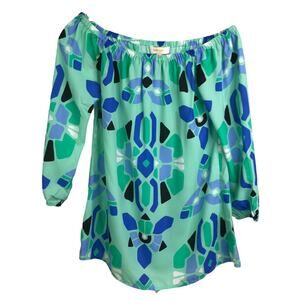 Britt Ryan Blouse Womens Size XS Green Blue Geo Off Shoulder Long Sleeve Top